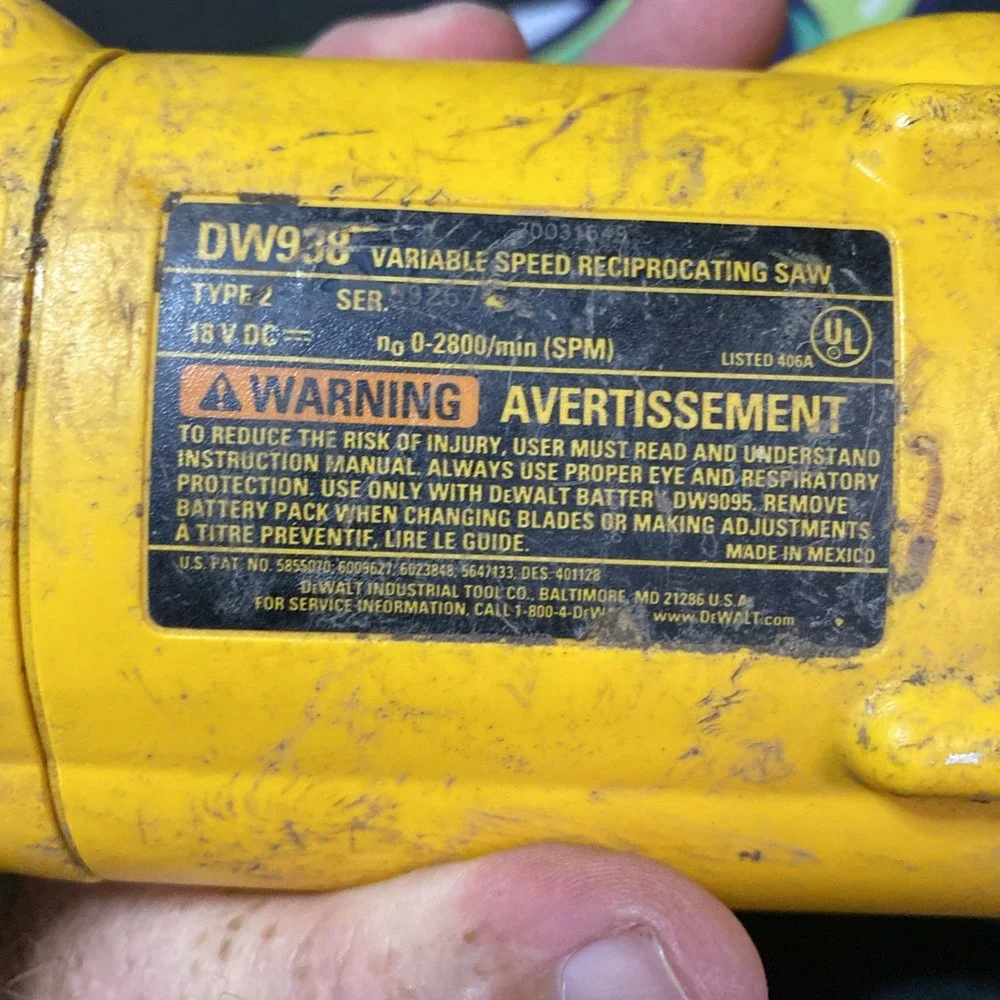 Dewalt DW938 18V Cordless Variable Speed Reciprocating Saw Works Saw Only